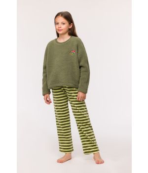 Woody Meisjes-Dames sweater en broek kakigroen